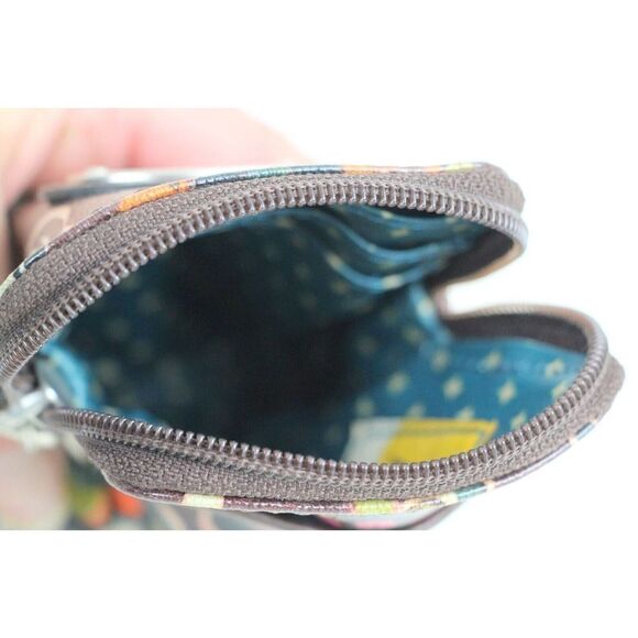 Fossil Key-Per COATED BROWN CANVAS FLORAL PRINT ID BILL CARD ZIP WALLET WRISTLET - Picture 4 of 9